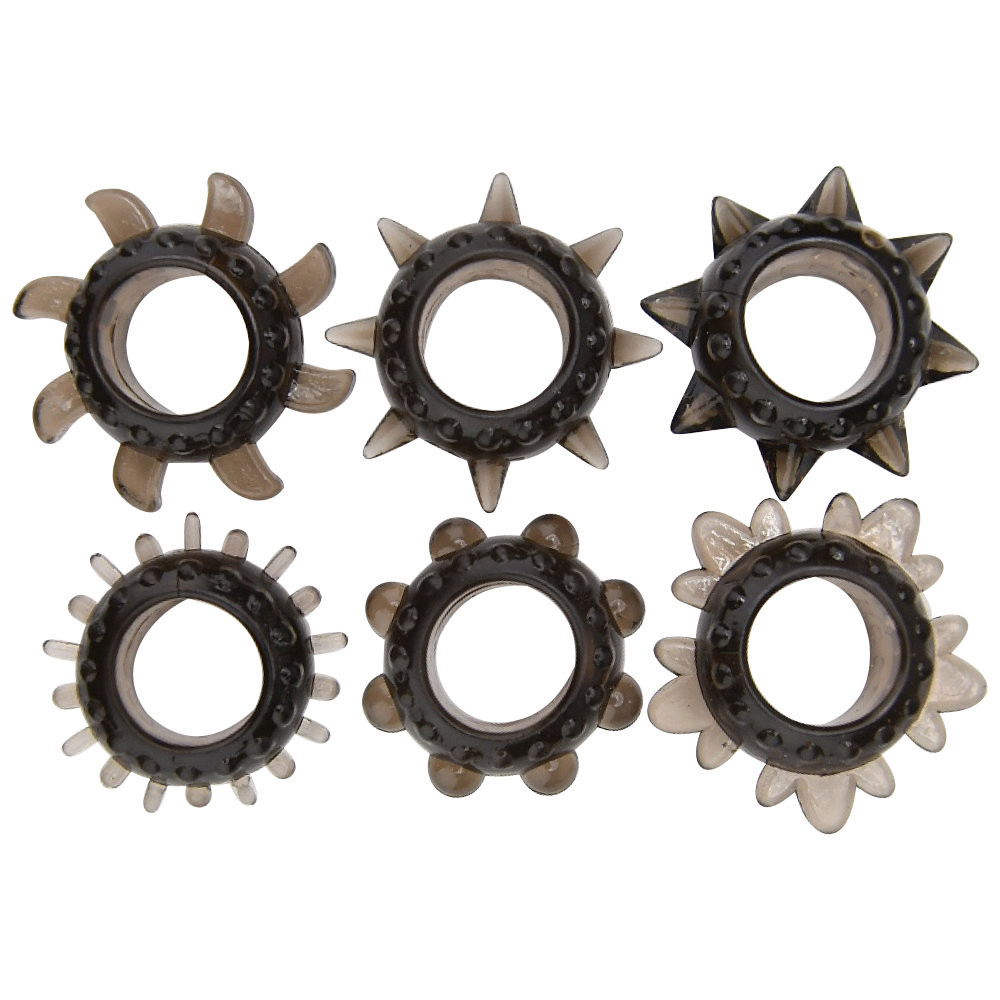 n12316-loving-joy-textured-cock-ring-set-6-pack_side-view n12316 loving joy textured cock ring set 6 pack side view
