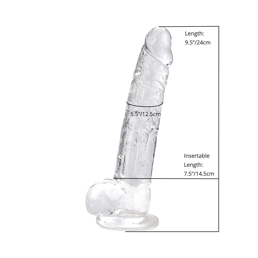 n12188-loving-joy-9-inch-dildo-with-balls-clear-measurements-wr n12188 loving joy 9 inch dildo with balls clear measurements wr