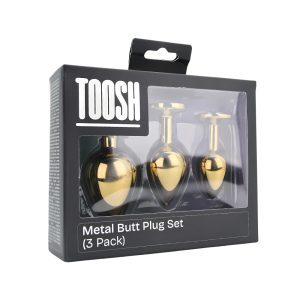 n12839 toosh metal butt plug gold set of 3 clear stone pkg 1