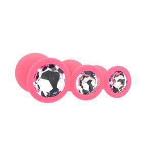 n12842 toosh silicone butt plug pink set of 3 clear stone 3