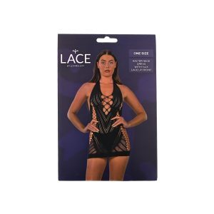 Lace by LJ Halter Neck Dress with Faux Lace Up Front Black 6 n12931 lace by lj halter neck dress with faux lace up black pkg