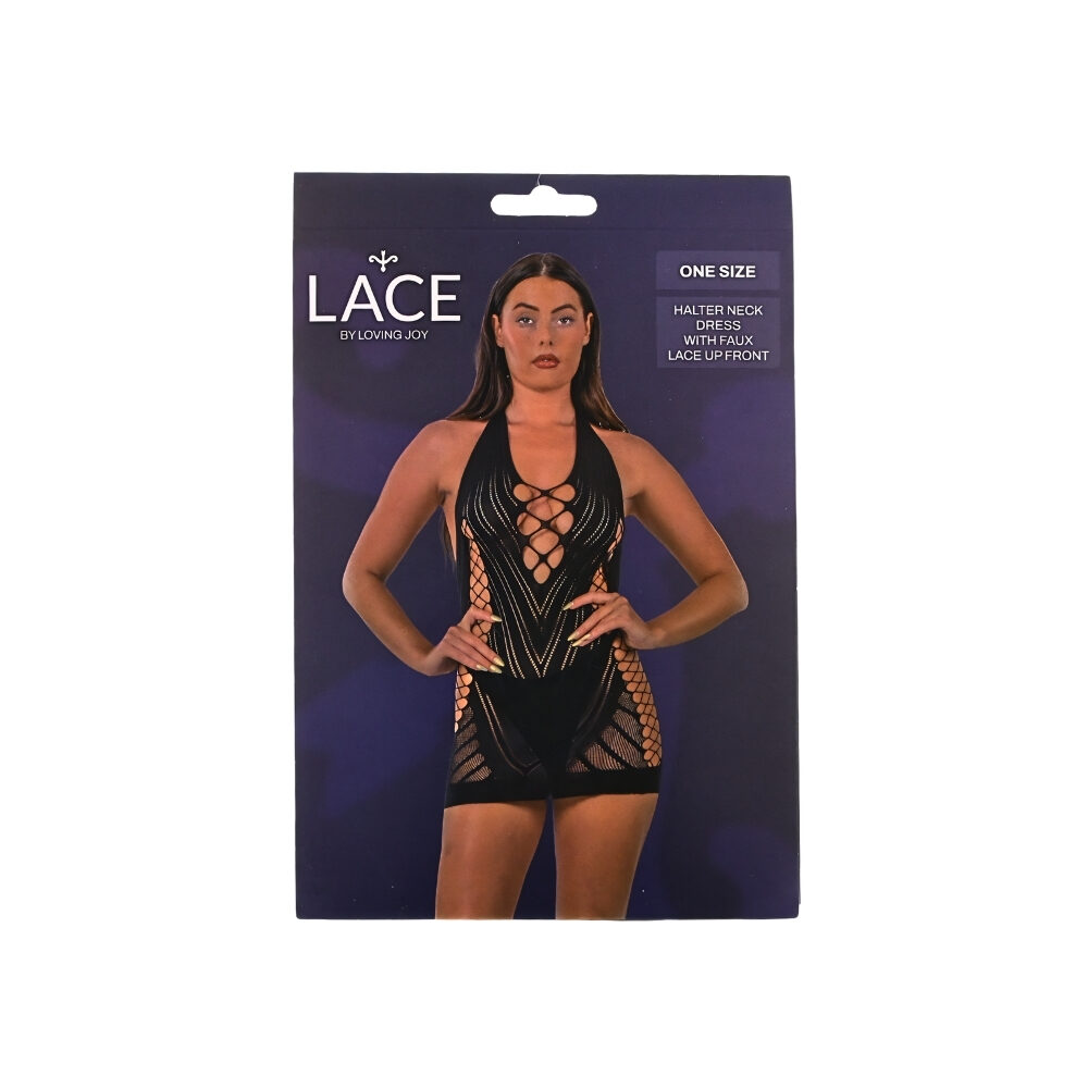n12931-lace-by-lj-halter-neck-dress-with-faux-lace-up-black-pkg n12931 lace by lj halter neck dress with faux lace up black pkg