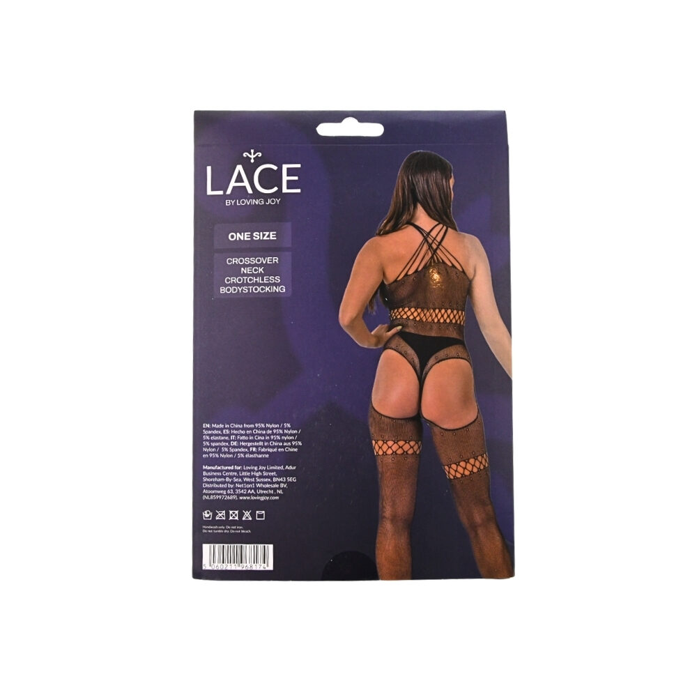 n12947-lace-by-lj-crossover-neck-crotchless-bodystocking-pkg-bk n12947 lace by lj crossover neck crotchless bodystocking pkg bk