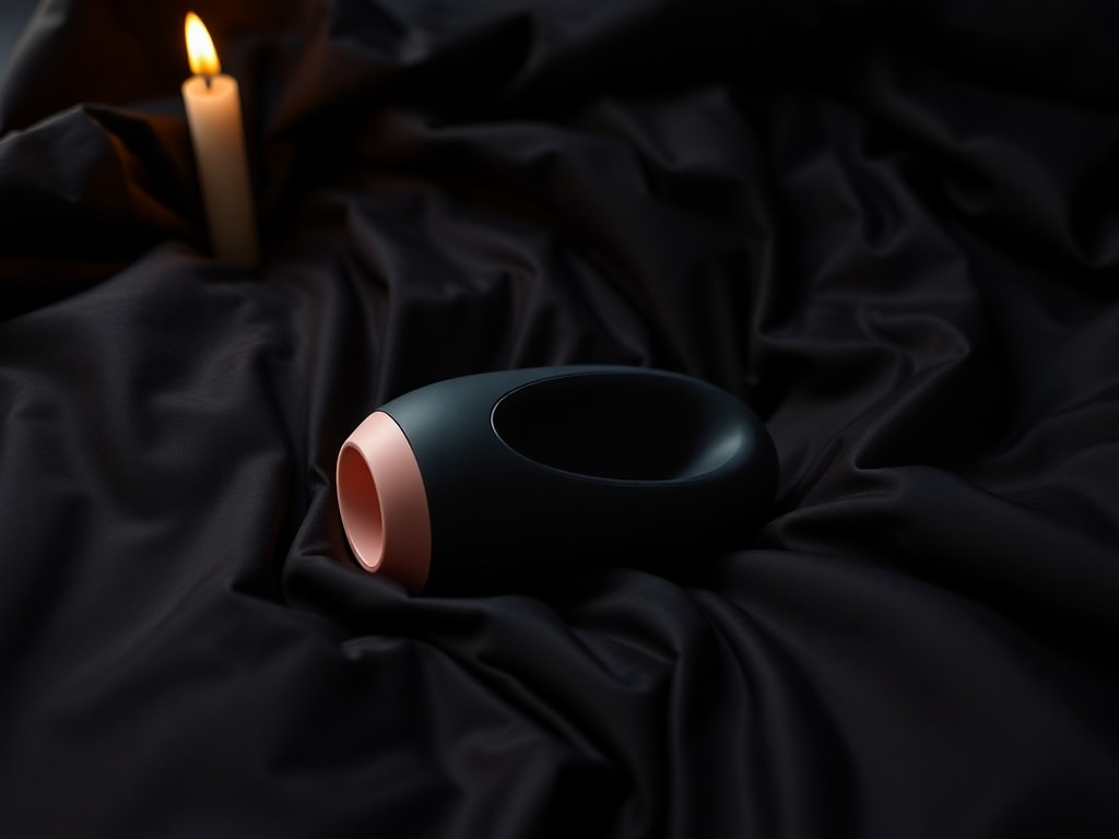 Premium air-pulse and sonic clitoral stimulators on dark silk — luxury adult wellness editorial