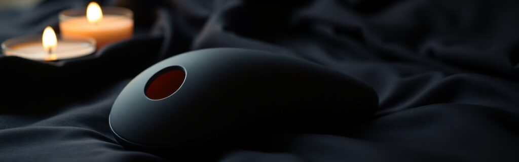 Premium air-pulse and sonic clitoral stimulators on dark silk — luxury adult wellness