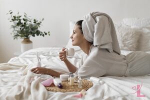 Woman enjoying a self-care treatment at home in soft natural light